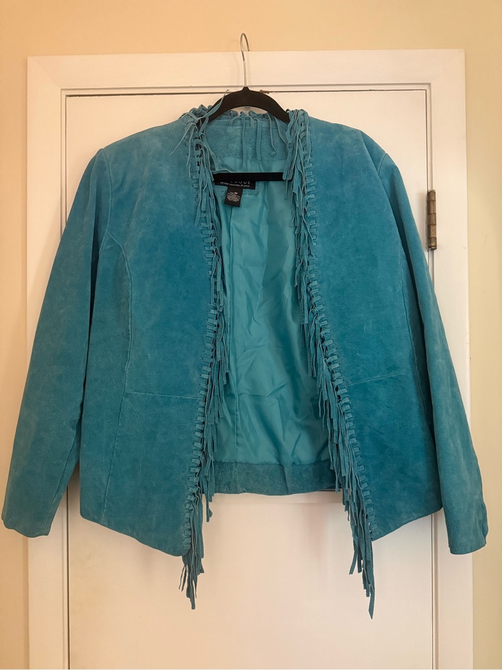 Dialogue Turquoise Suede Fringe Open-Front Jacket